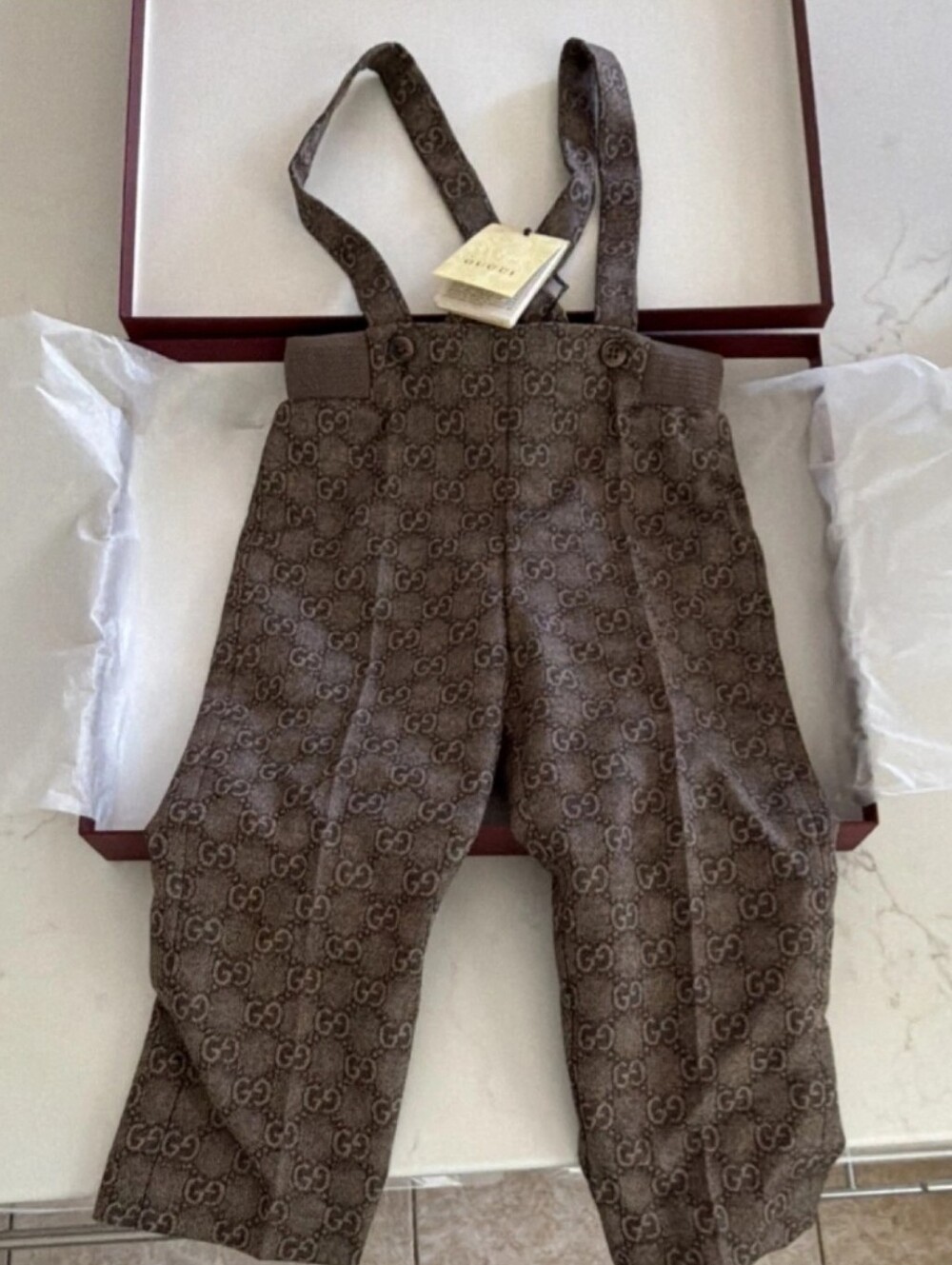 Gucci Brown GG Monogram Wool Suspender Trousers